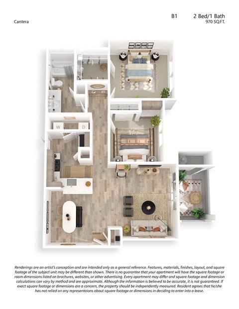 Floor plan for 2 beds, 1 bath, 970 sqft